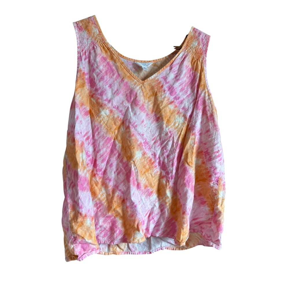 Time‎ and Tru Womens Tie Dye Tank Top Medium Pink Orange Smocked Neck